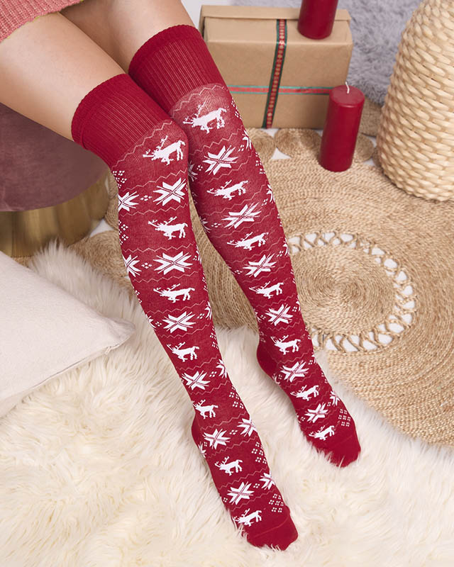 Дамски коледни чорапи над коляното в бордо - Бельо