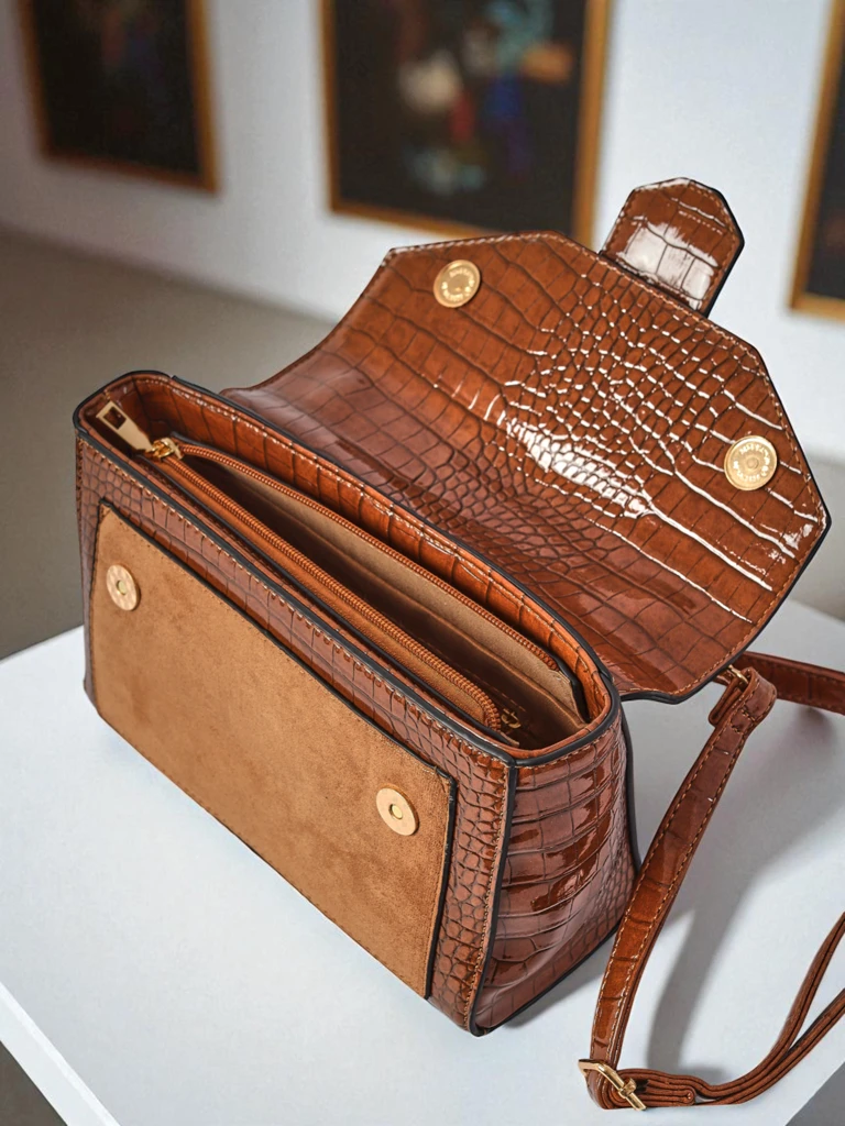 Дамска чанта Callista от еко велур и лачена кожа, кафява