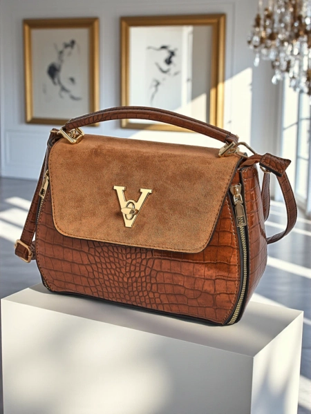 Дамска чанта Callisto в тъмнокафява еко велурена и крокодилска кожа