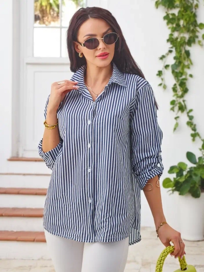 Римска мода Котонена дамска риза на райе с връзка в долната част