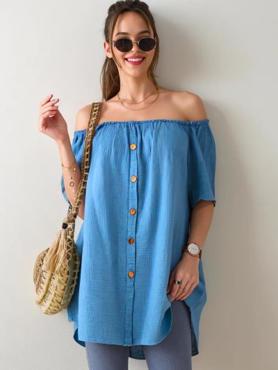 Royalfashion дамска памучна блуза в испански стил с декоративни копчета