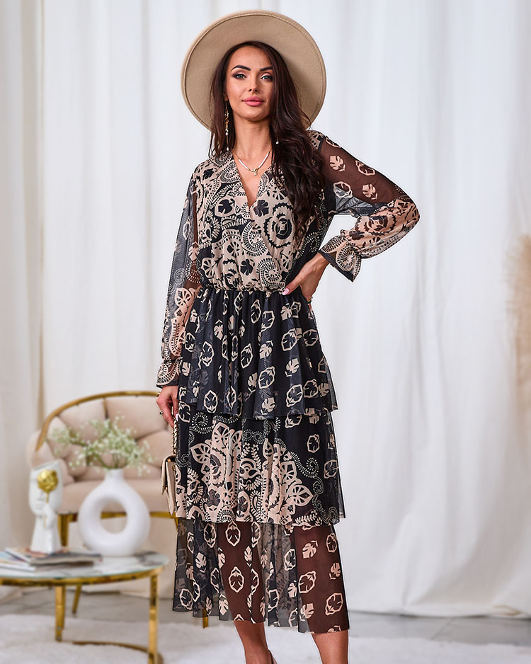 Royalfashion Черно-бежова мрежеста миди рокля с принт