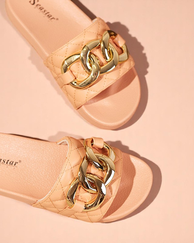 Koralowe damskie pikowane klapki ze złotym łańcuszkiem Eteris - Obuwie