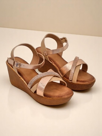 Royalfashion дамски сандали на равна платформа с камъни и брокат Glittera