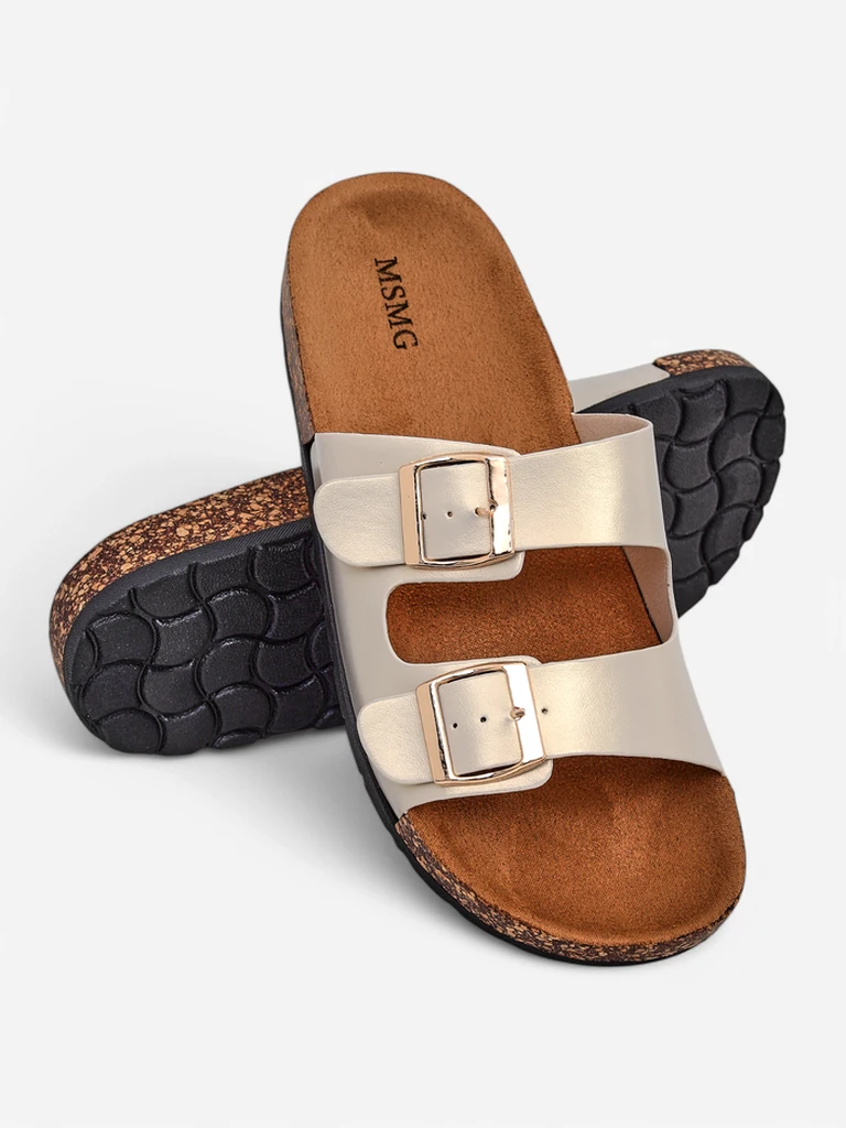 Дамски сандали Royalfashion Aurelia gold – плоски чехли от еко кожа (размер 39)