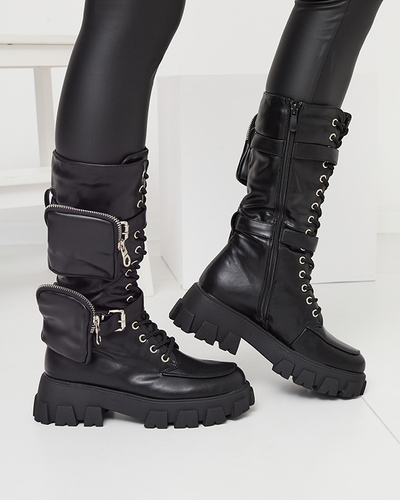 Черни работни ботуши с декоративни торбички в горната част Sello- Footwear
