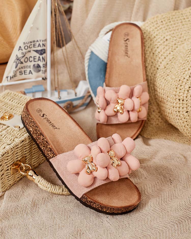 Royalfashion Дамски джапанки със златни мечета и цветя Isaralle