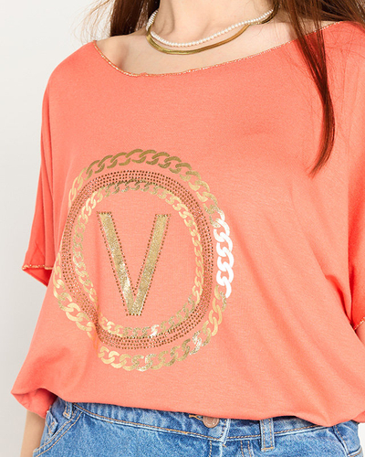 Pomarańczowy damski t-shirt ze złotym printem i cyrkoniami - Odzież