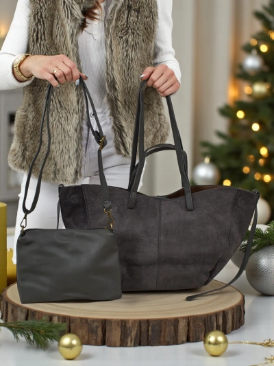 Дамска чанта shopper еко велурена с по-малка еко кожена в комплект 2в1 Elinea