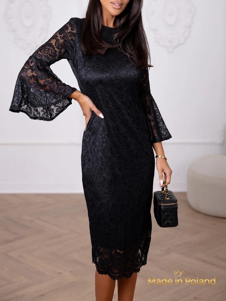 Дамска миди рокля с дантела и широки ръкави Holly Wow