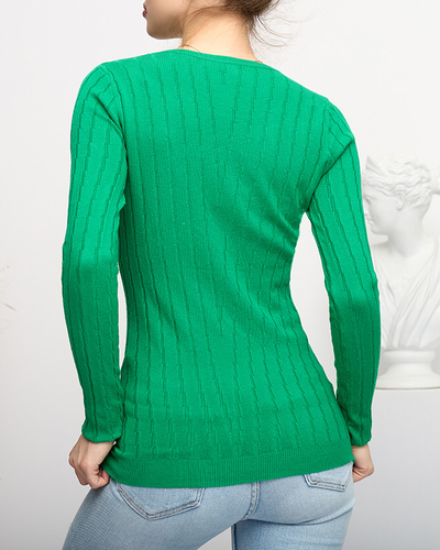 Дамски зелен пуловер с кръгло деколте - Облекло
