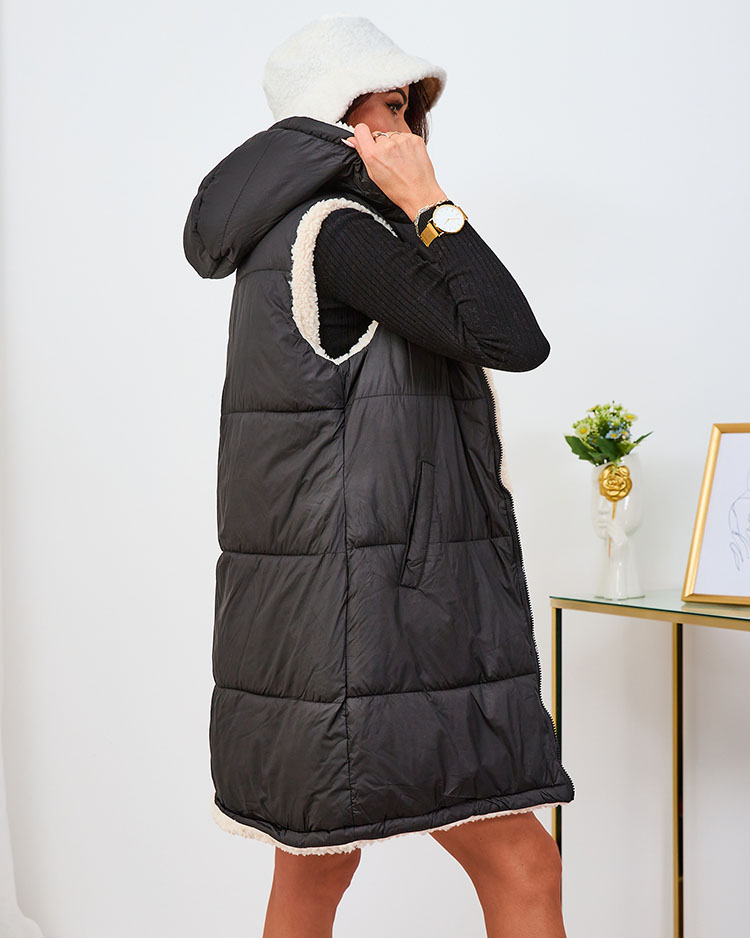 Royalfashion Черно-кремава дълга двустранна дамска жилетка