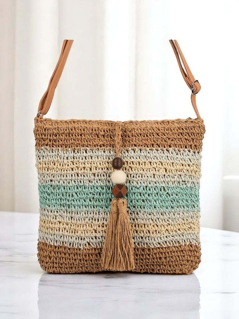 Royalfashion Малка сламена дамска чанта с райета, декоративен висулка Мини