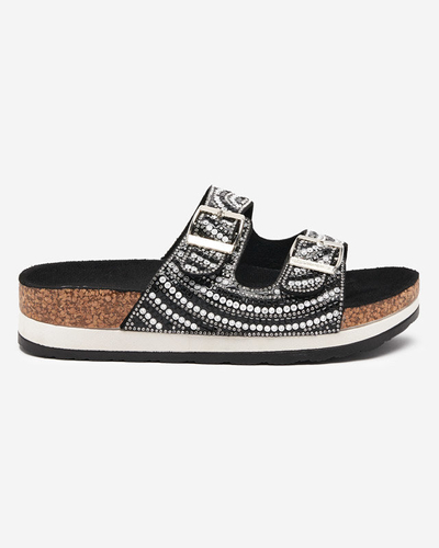 Klapki damskie z cyrkoniami w kolorze czarnym Laluda- Obuwie