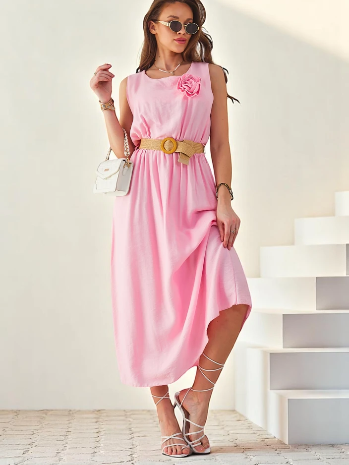 Кралска мода Женска миди рокля с презрамки, с кръгло деколте и декоративно цвете