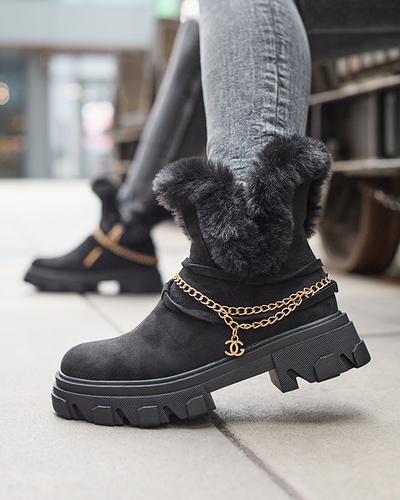 Черни дамски ботуши от еко велур с верижка Videric - Обувки