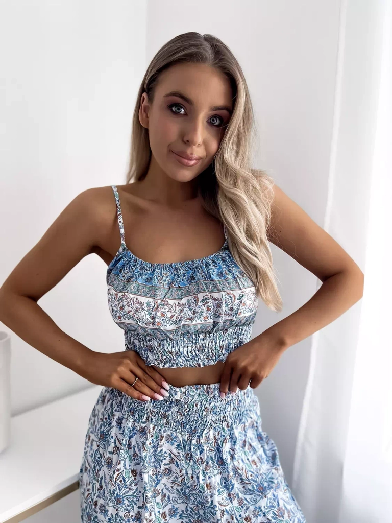 Син дамски комплект с принт - Облекло