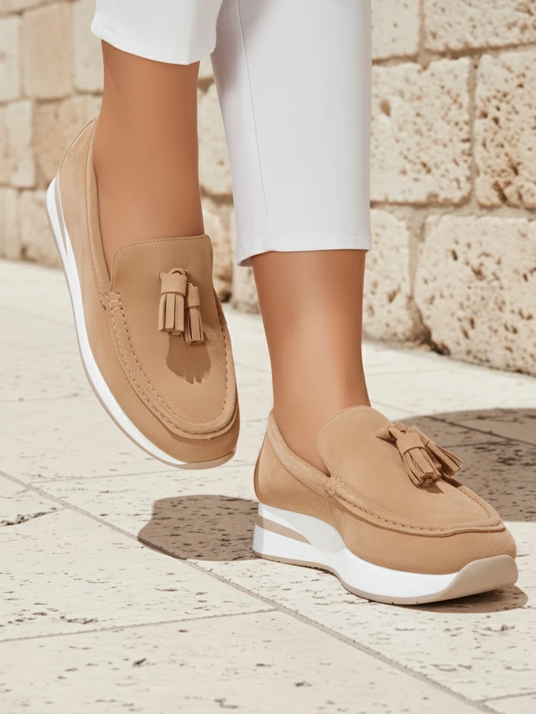 Дамски мокасини Callista бежови на ток с ресни еко велур