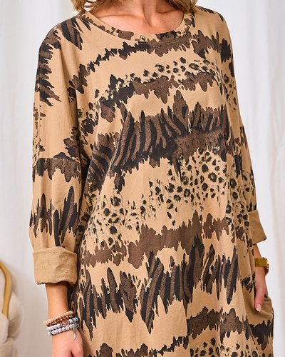 Royalfashion Десенирана дамска светлокафява рокля