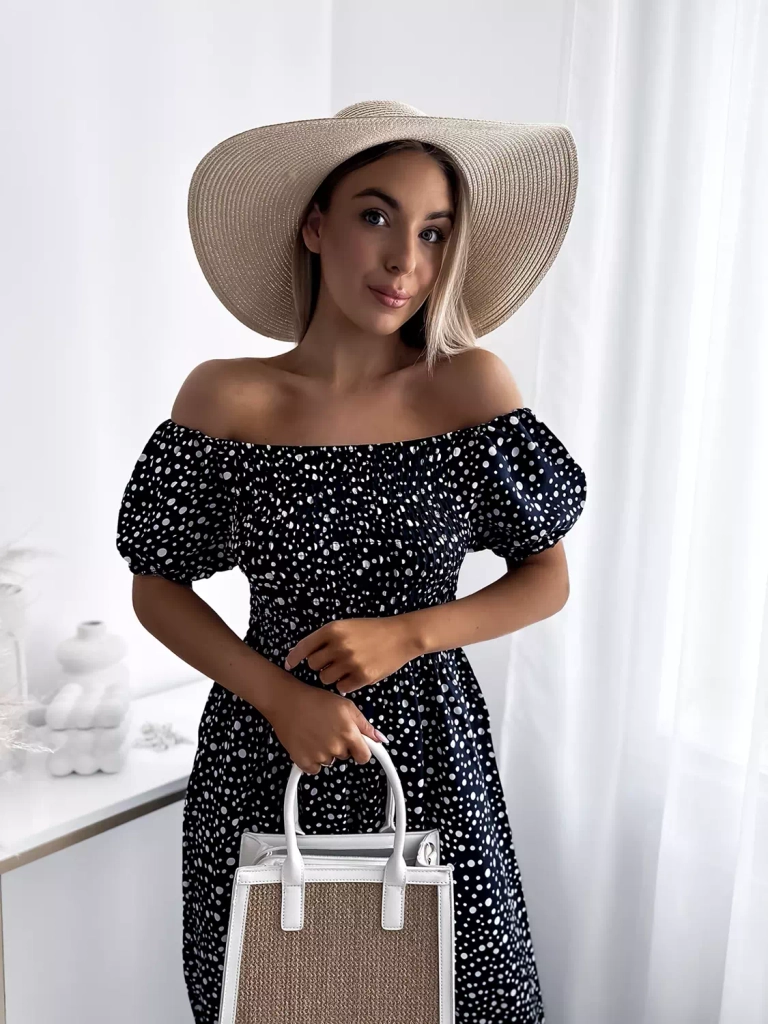 Морско синя дамска макси рокля с грах- Облекло