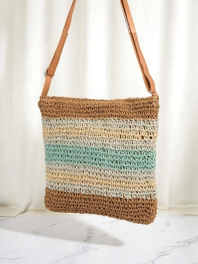 Royalfashion Малка сламена дамска чанта с райета, декоративен висулка Мини