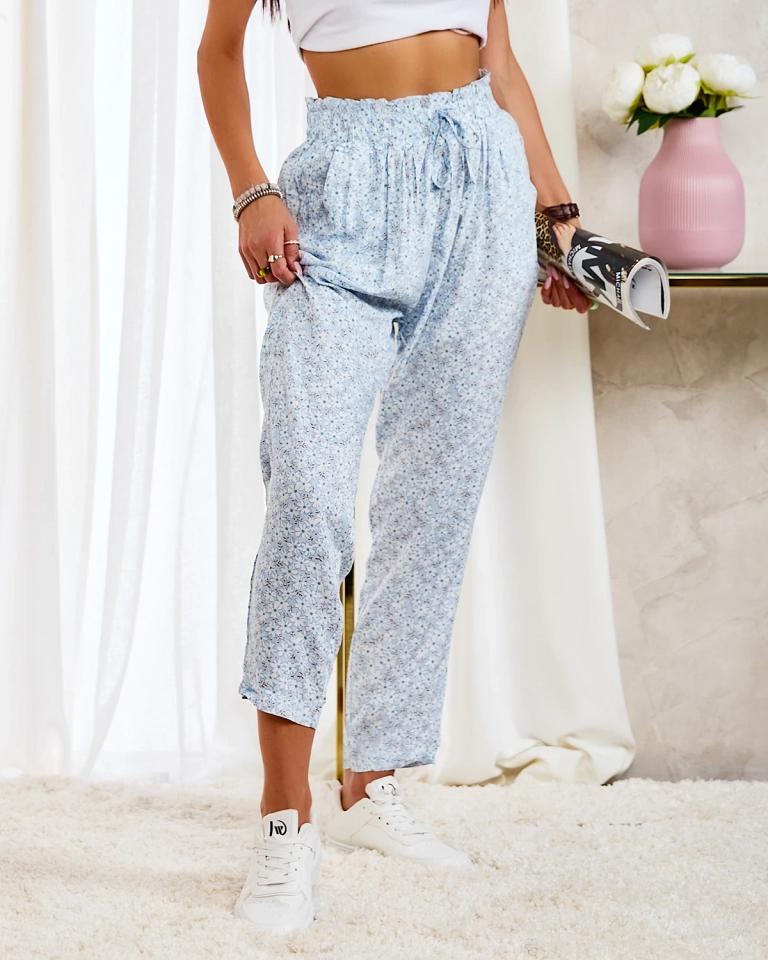 Royalfashion Сини дамски памучни панталони с флорални мотиви