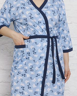 Син дамски памучен халат с флорален десен - Облекло