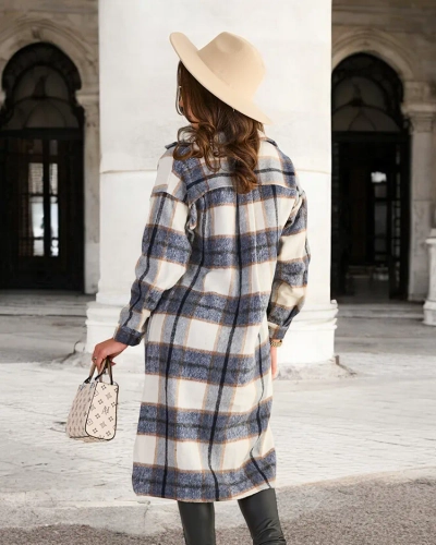 Granatowa długa koszula damska w kratę - Odzież