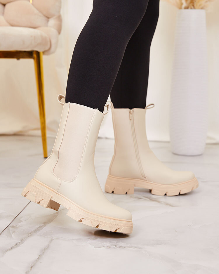 Royalfashion Дамски ботуши с висок плосък ток в екрю Vedita