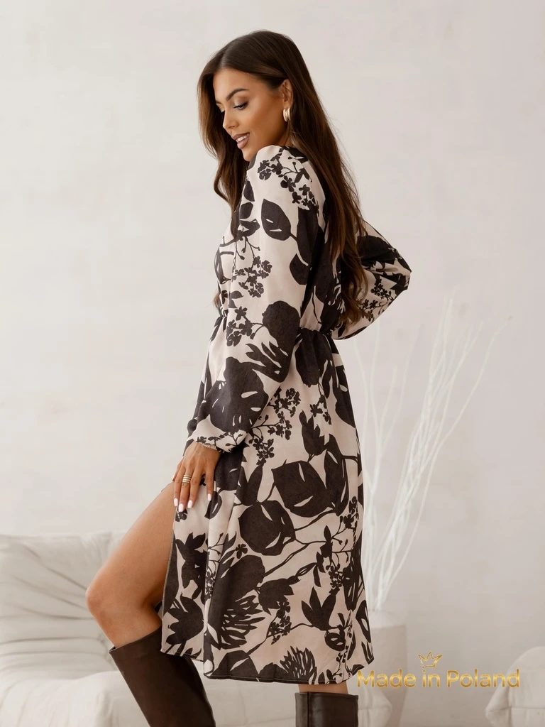 Рокля Melania Botanica – кафява миди с дълъг ръкав, декоративен модел