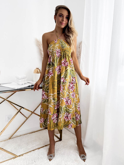 Жълта дамска миди рокля с флорален десен - Облекло