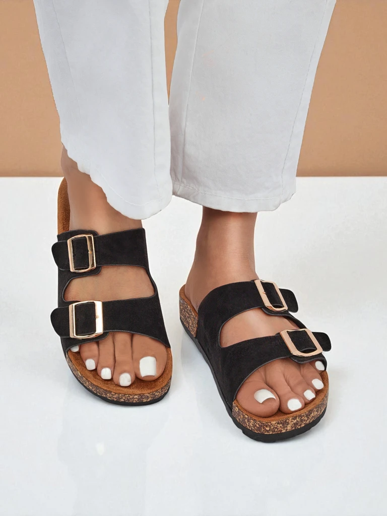 Дамски чехли Letitia черни, велурени, плосък ток, италиански дизайн