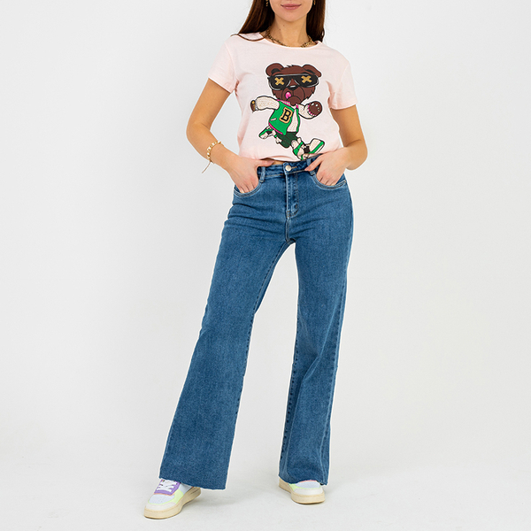 Damska różowa koszulka z nadrukiem - Odzież