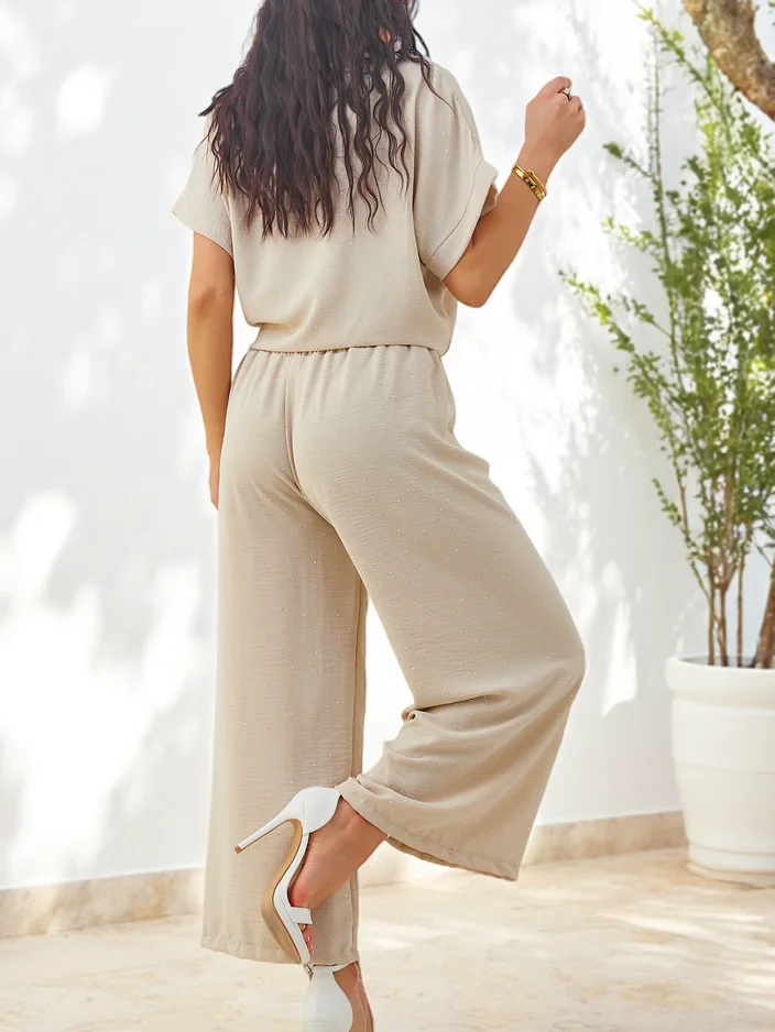 Royalfashion Комплект за жени с връзка, къс ръкав и разширени панталони с камъни