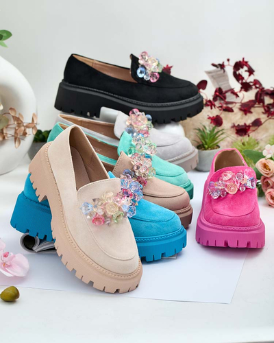 Светлосиви дамски мокасини с цветни мъниста Hetika - Обувки