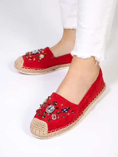 Czerwone damskie eko-zamszowe espadryle z cyrkoniami Mediros - Obuwie