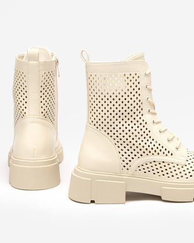 Ажурни бежови дамски боти с плосък ток Rolika - Обувки