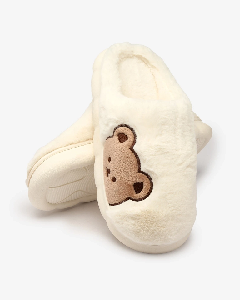 Royalfashion Бели дамски чехли от естествена кожа с плюшено мече Hettres