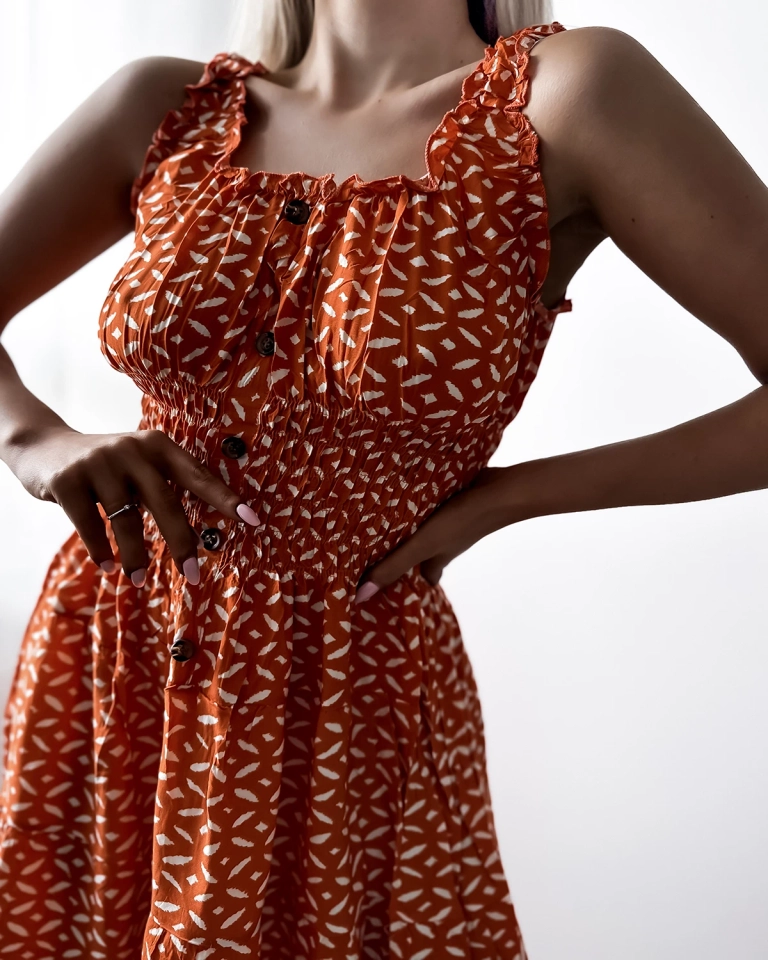 Дамска рокля с дължина до коляното и принт в оранжево- Облекло