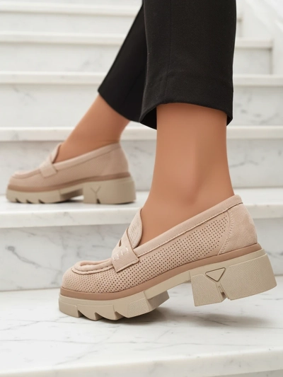 Бежови дамски ажурни мокасини с масивна подметка Ejina - Обувки