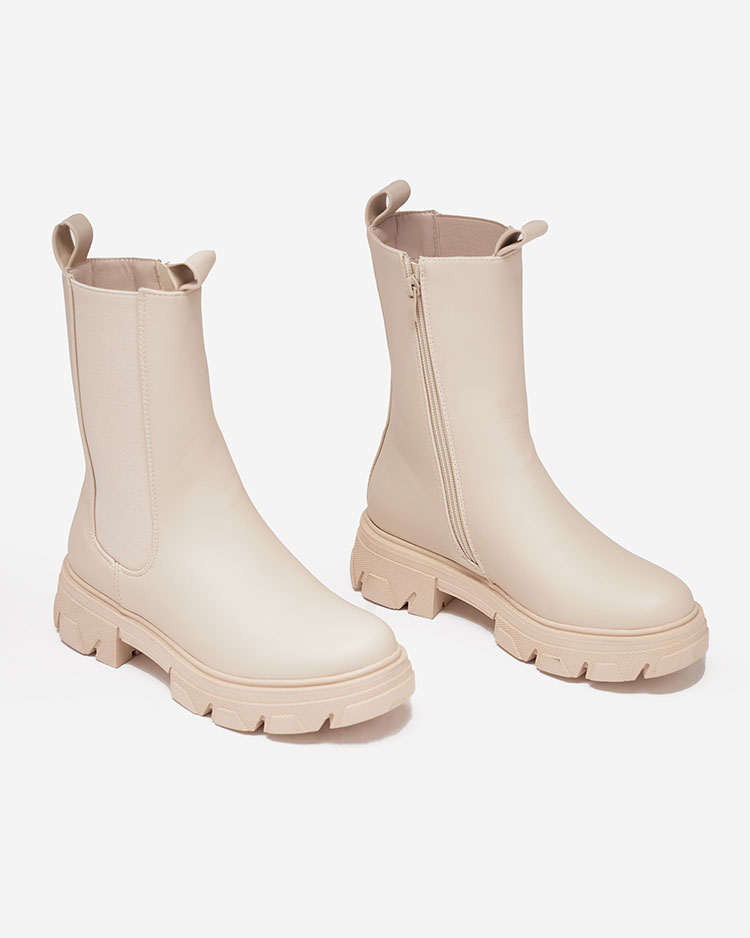 Royalfashion Дамски ботуши с висок плосък ток в екрю Vedita