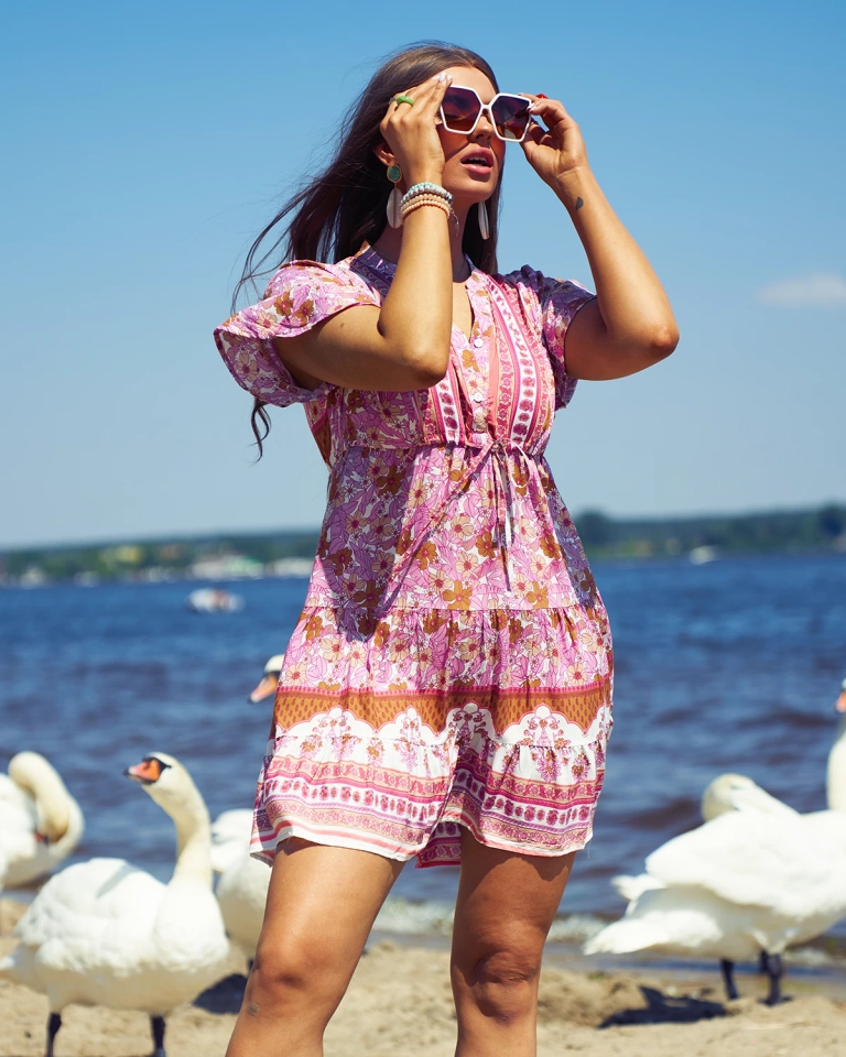 Royalfashion Лятна розова къса дамска рокля