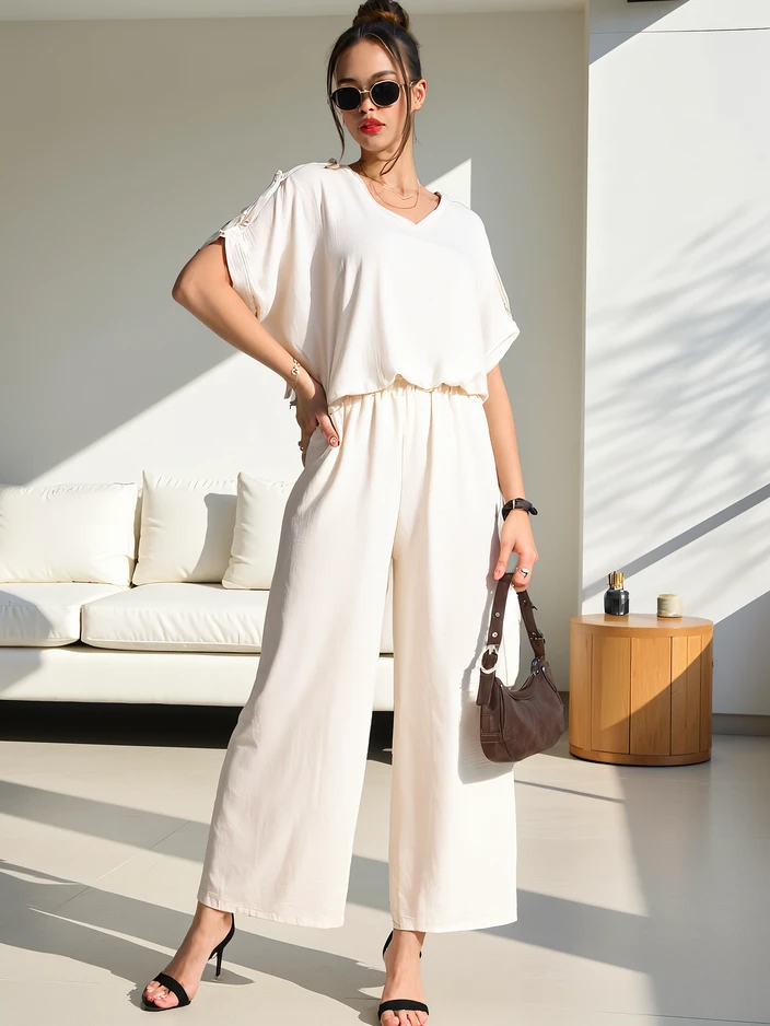 Royalfashion Дамски ежедневен комплект с блуза с къс ръкав и широки панталони