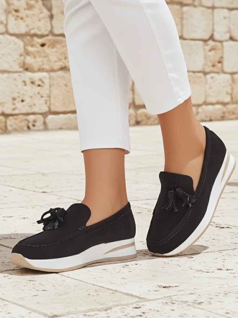 Дамски мокасини Aelia черни от екологичен велур с 4 см ток