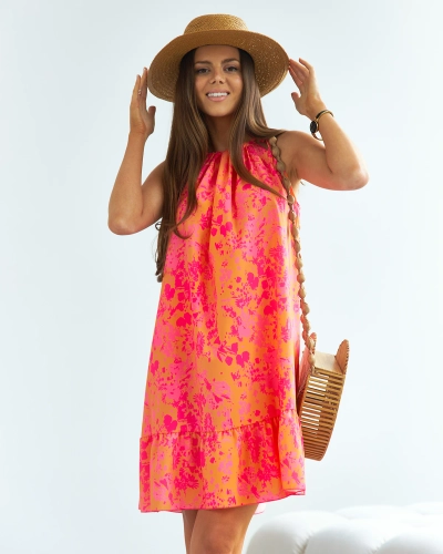Royalfashion Оранжево-розова къса дамска рокля с цветя