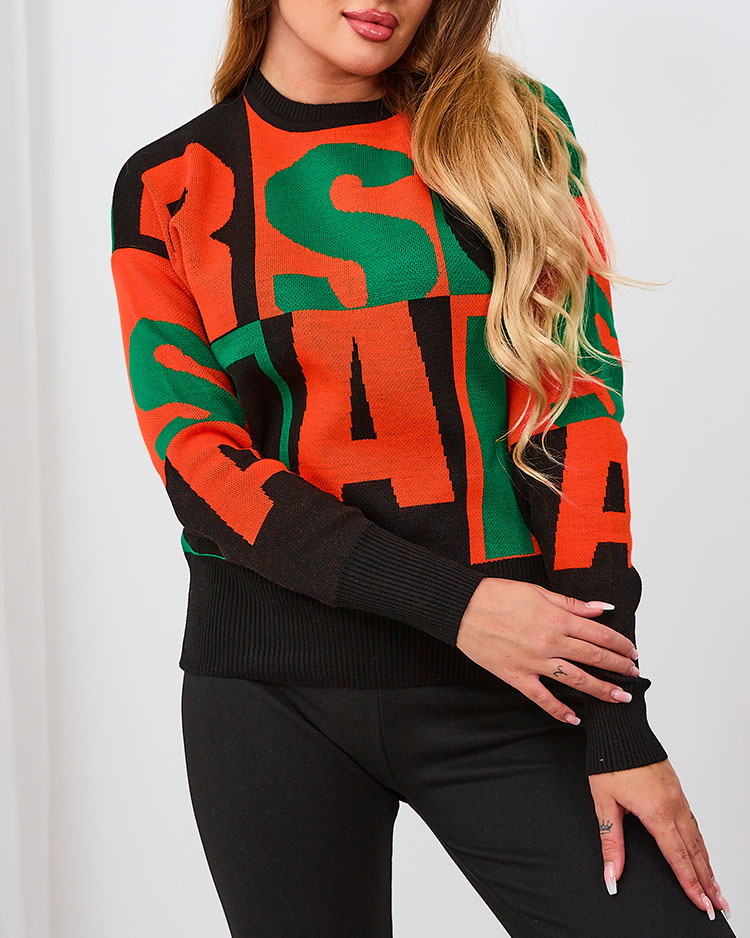 Royalfashion Дамски пуловер с букви в кафяво и синьо