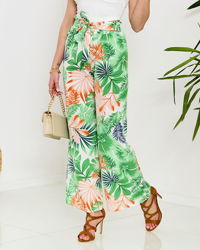 Зелени дамски панталони палацо с флорален десен - Облекло