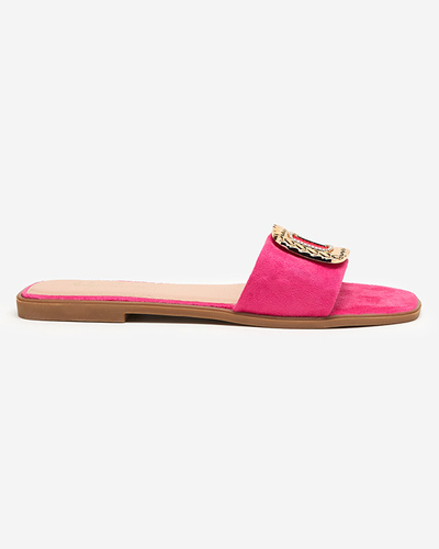 OUTLET Fuksjowe damskie klapki eko zamszowe ze złotą klamrą Lozi- Obuwie