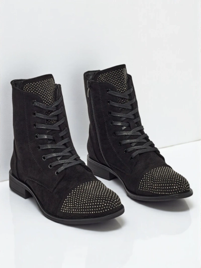 Дамски еко велурени боти с връзки и цирконии Marvelli