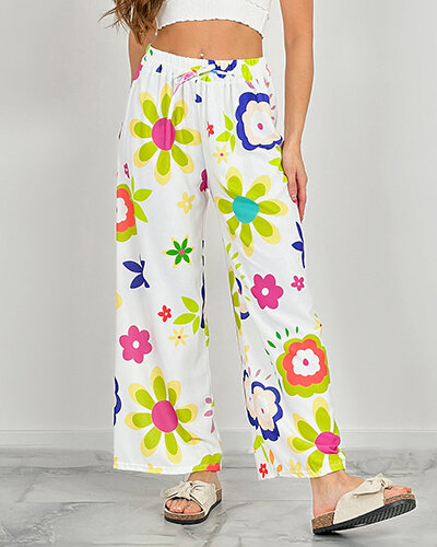 Royalfashion Дамски широки панталони от плат с флорални мотиви
